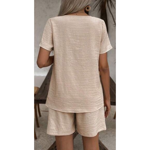 Shein Emery Rose V Neck Button Decorated Loose Top and Short 2 Piece Set - Picture 2 of 3